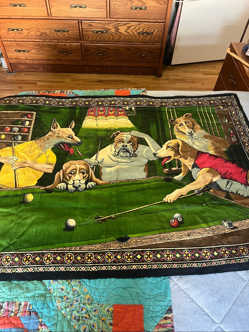 1970’s Dog Pool Hall Throw Tapestry Green, Brown, Tan